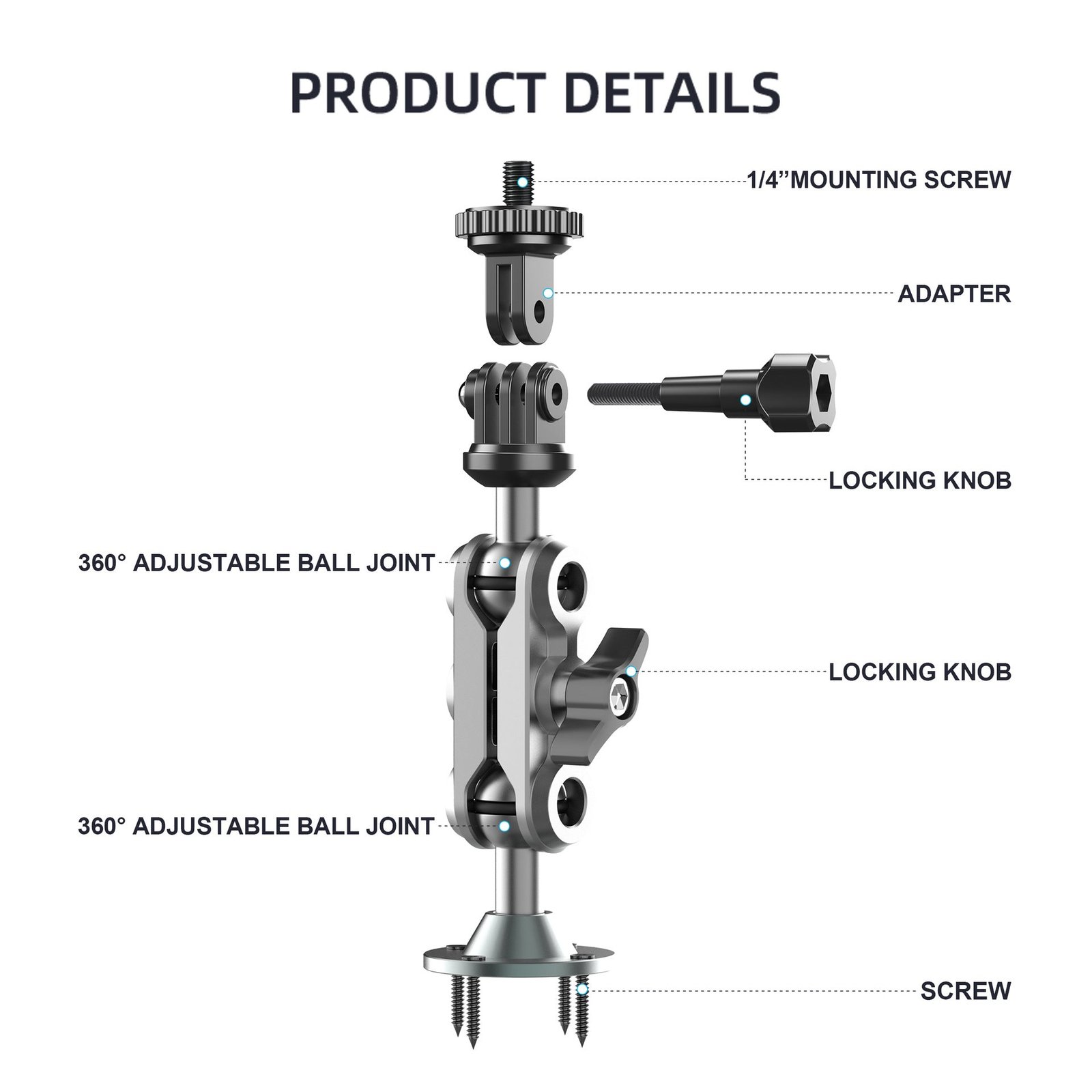 Universal Metal Flexible Angle Adjustable Holder for 1/4 Device Camera for Dash Board or Wall - Image 4