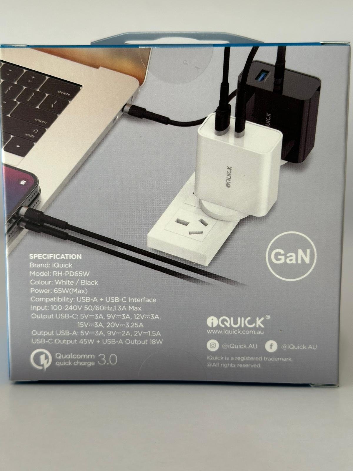 iQuick GaN 65W PD3.0+QC3.0 Fast Charging Adapter for iPhone and Android 1PD Type C & QC 3.0 Port - Image 2