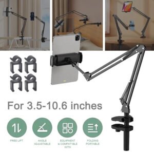 Universal 360° Phone & Tablet Holder Cantilver Flexible Metal Arm (2x35cm+10cm) for Bed Desktop Kitchen Bench Round Tube