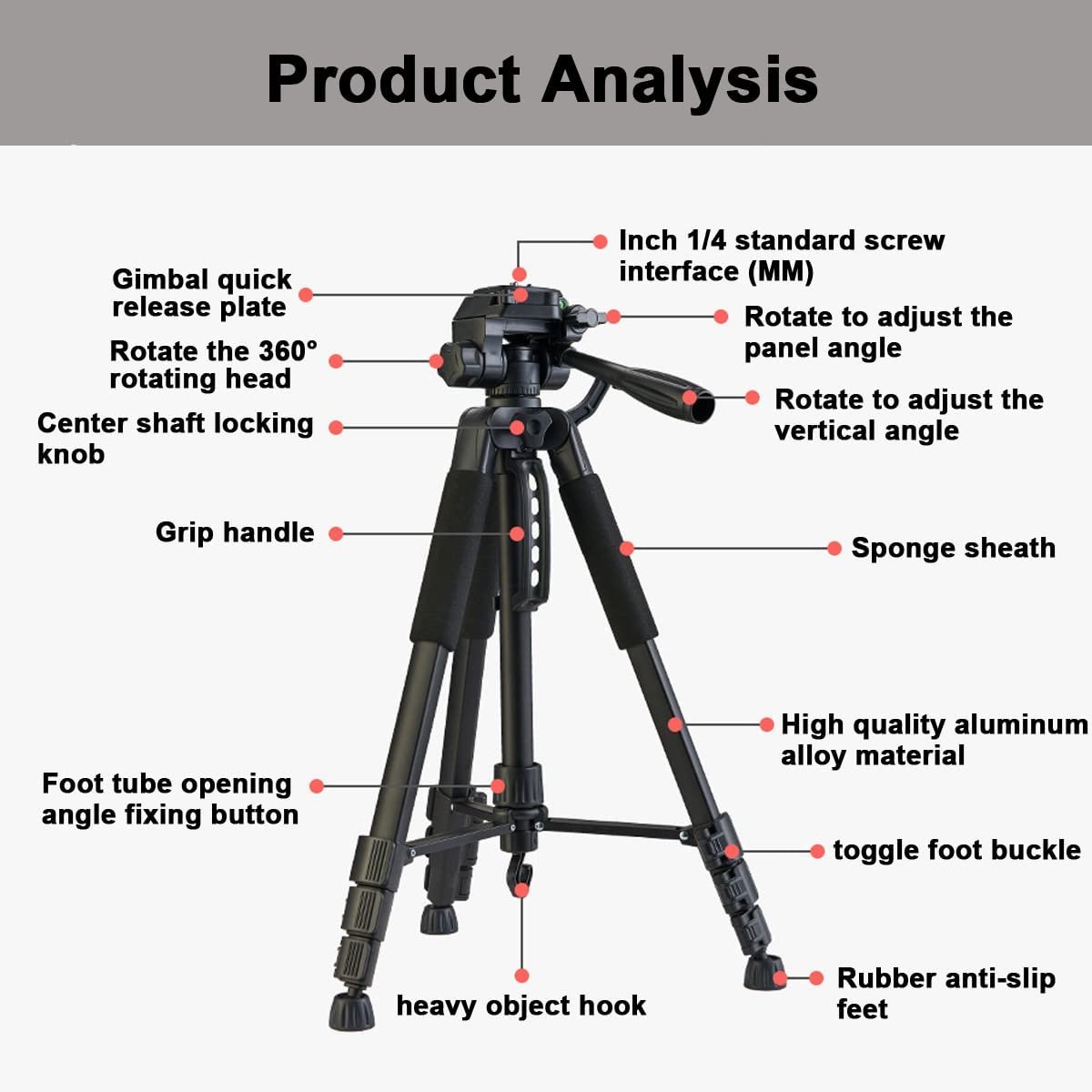 Universal 180cm Camera Tripod Stand 360° for DSLR Cameras & Phones with Universal Compatibility w Phone Mount - Image 4